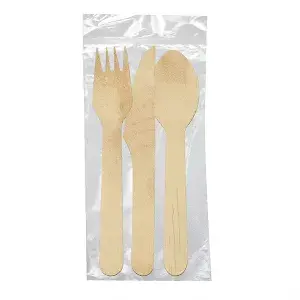 Set 3/1 forchetta, coltello, cucchiaio wood 'makan'  16 cm naturale legno (100 unità)
