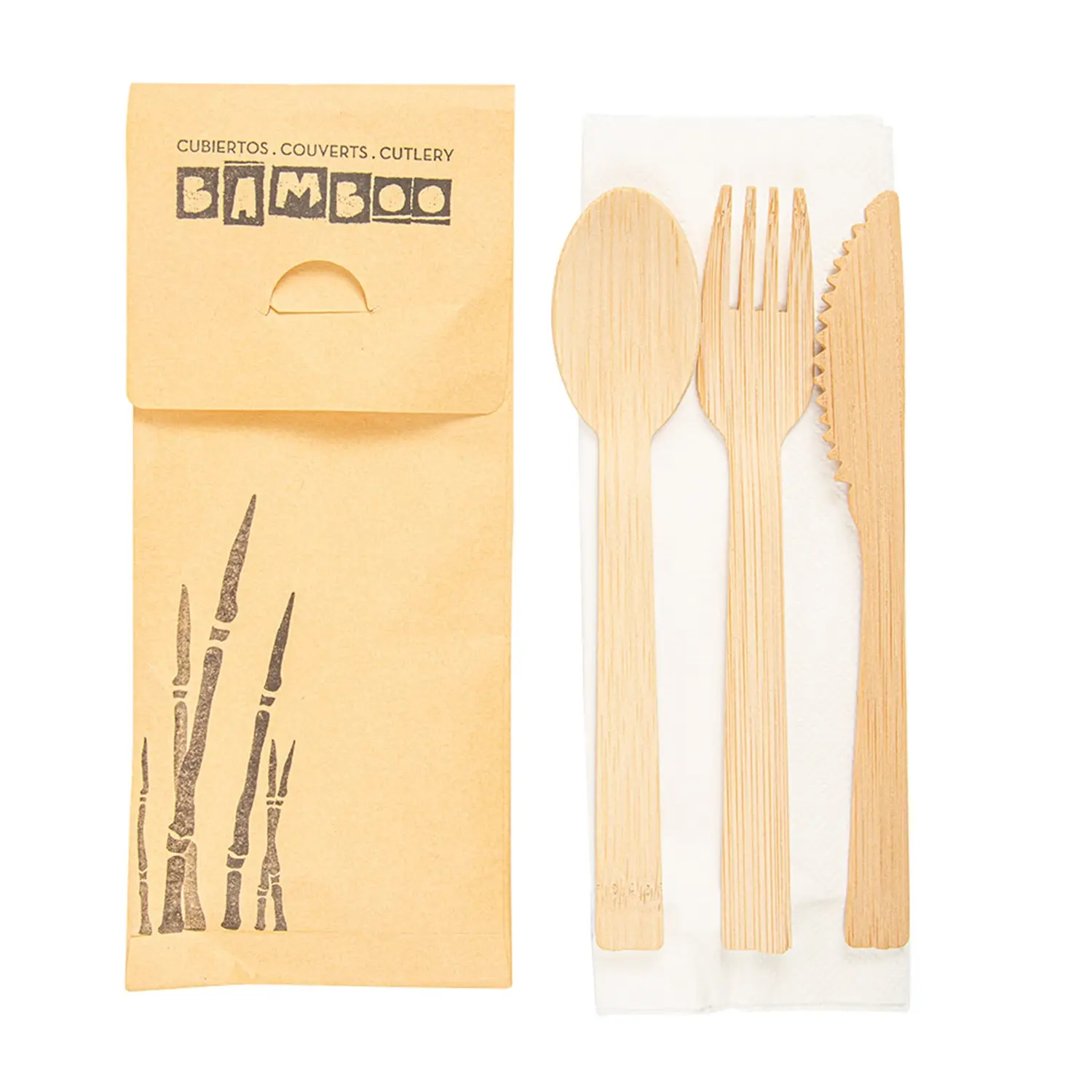 Set 4/1 posate + tovagliolo bamboo  17 cm naturale bambù (50 unità)