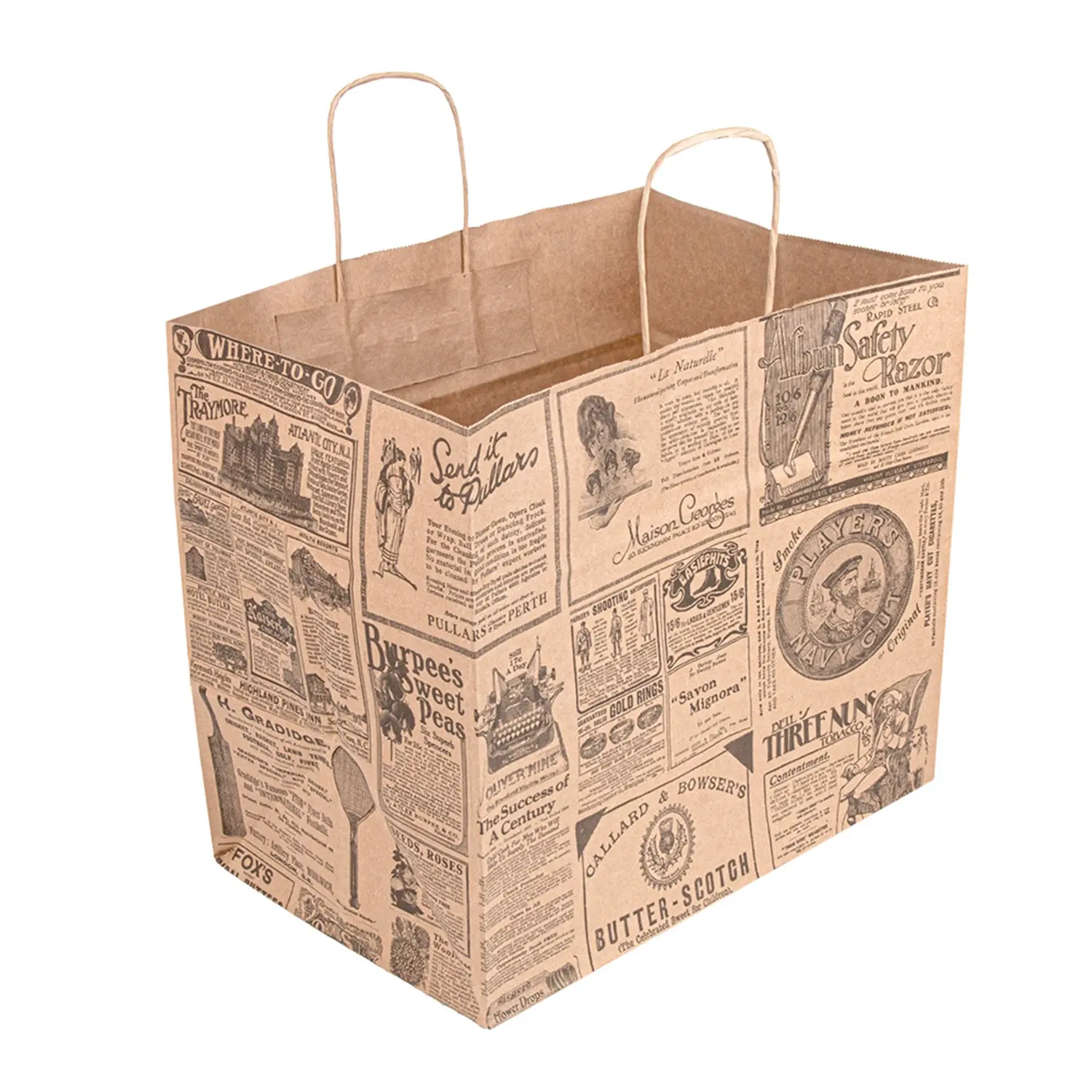 Sacchetti con manici "traiteur" 'times' 90 g/m2 32+21x28,5 cm naturale kraft (250 unità)