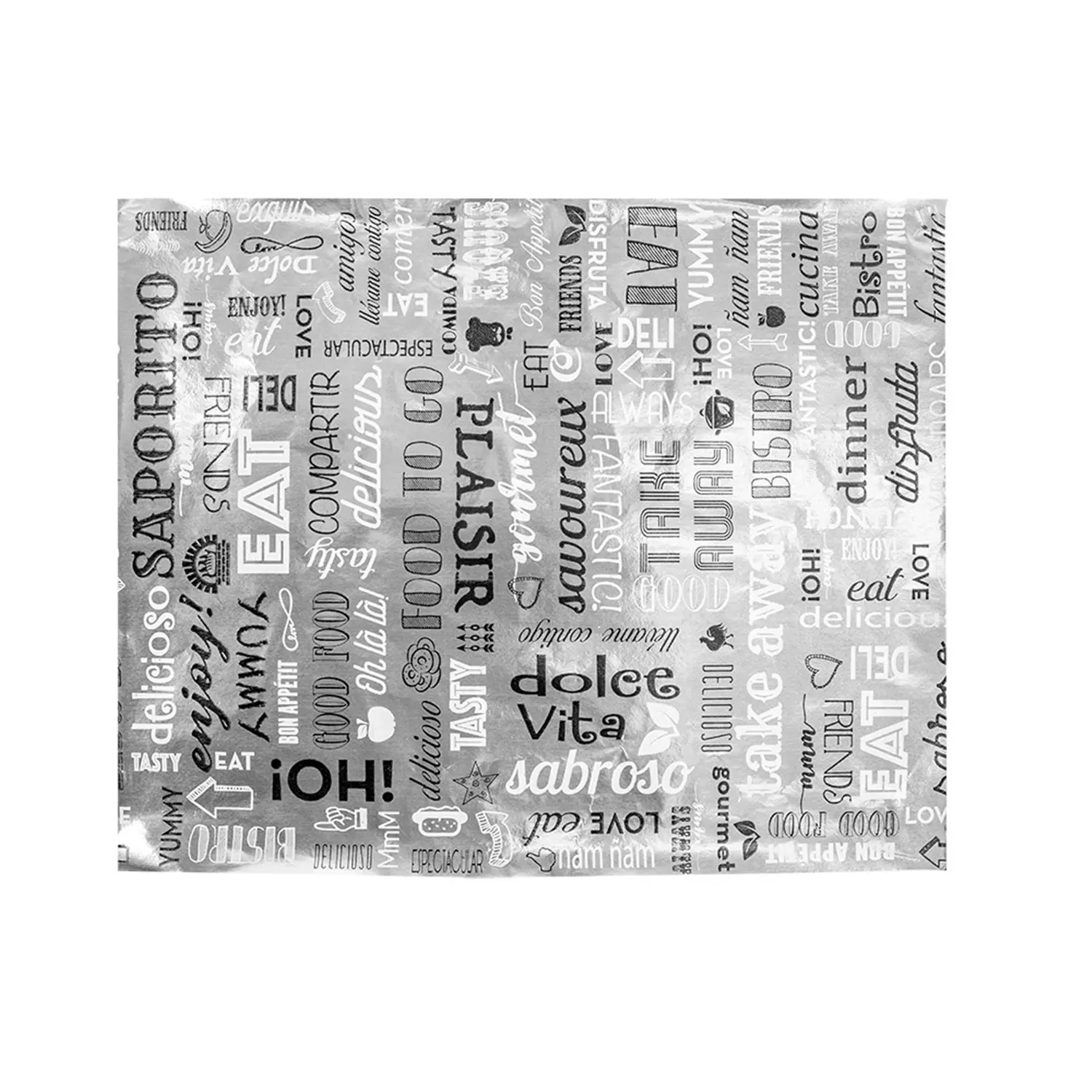 Carta antigrasso fast food 'parole' 35+20 g/m2 28x34 cm argento pergamena + alluminio (1000 unità)