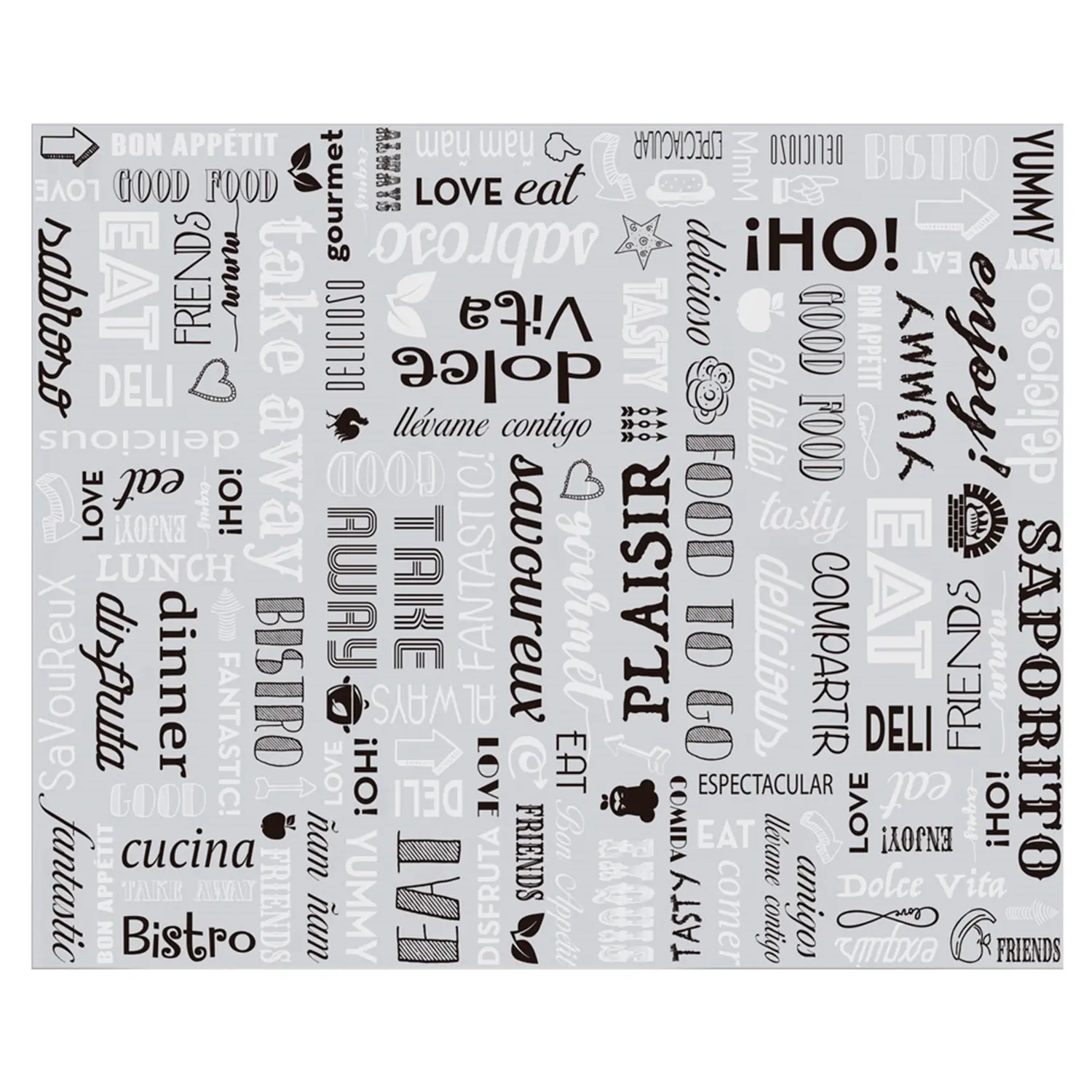 Carta antigrasso basket 'parole' 35+20 g/m2 31x38 cm argento pergamena + alluminio (1000 unità)