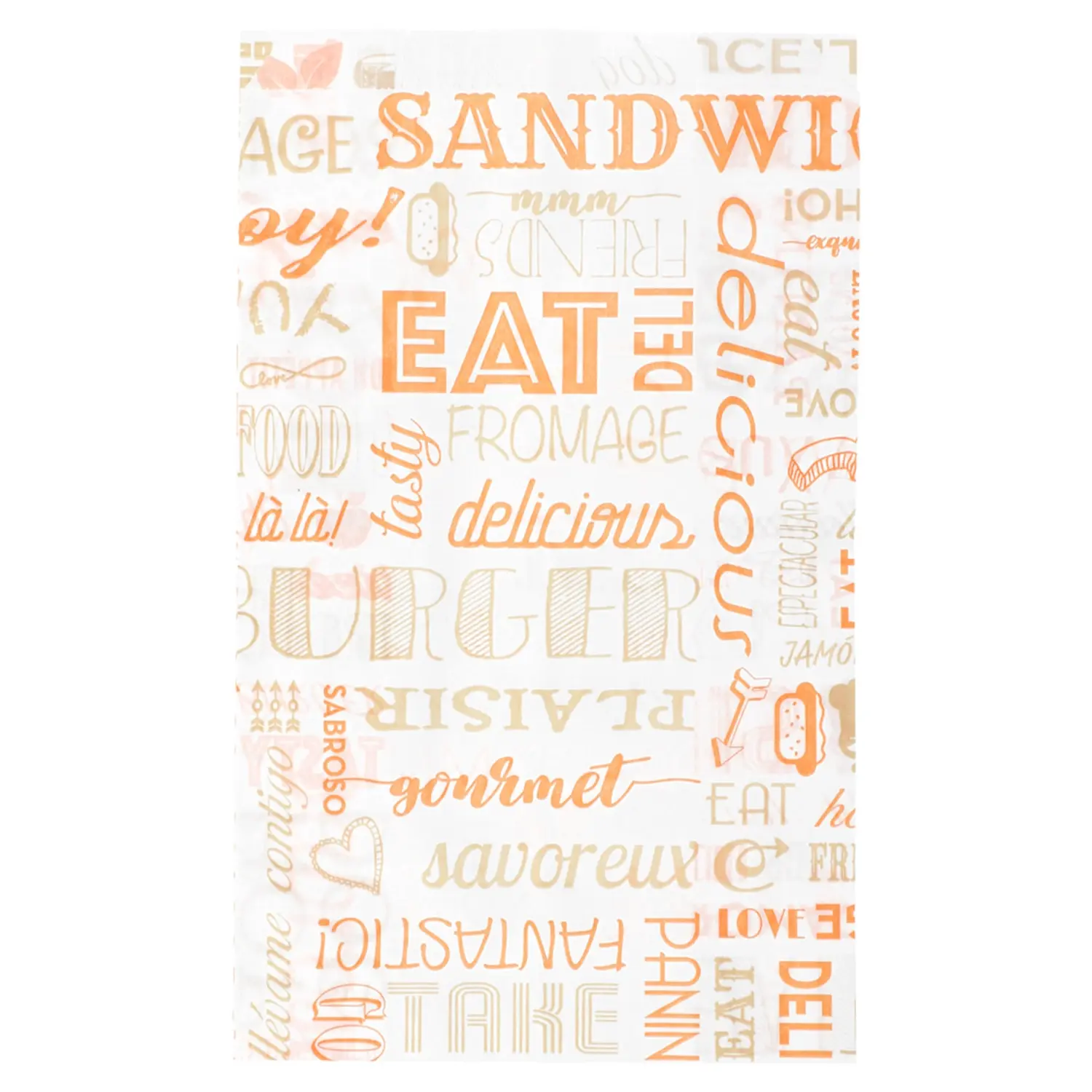 Sacchetti hamburger 'orange parole' 32 g/m2 14+7x22 cm arancio pergamana antigrassi (500 unità)