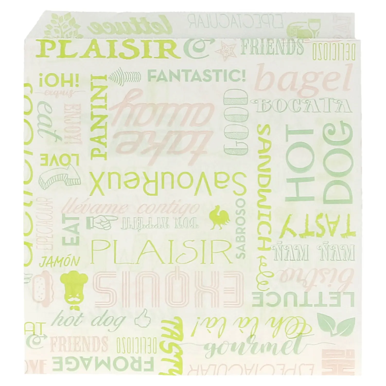 Carta antigrasso aperto 2 lati fast food pfas free 'parole' 35 g/m2 16x16,5 cm bianco pergamana antigrassi (500 unità)