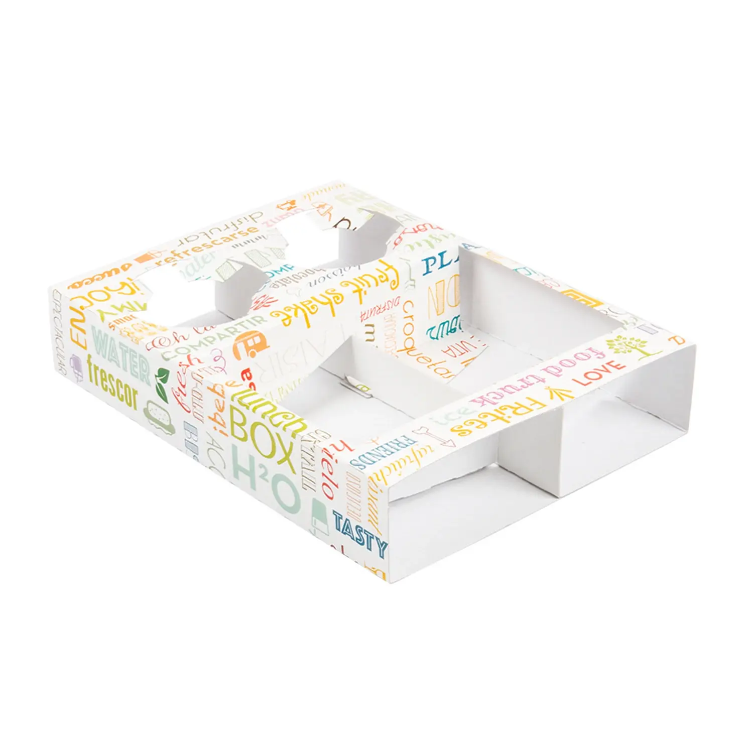 Vassoi trasporto 2 bicchieri+2 compart. 'parole'  450 g/m2 26x19x5 cm bianco cartone (200 unità)
