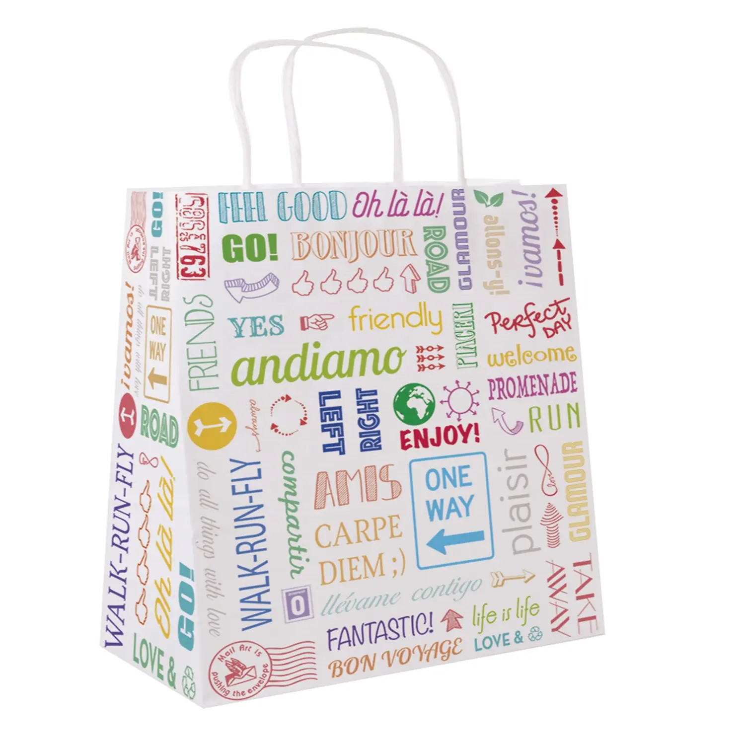 Sacchetti sos con manici 'parole' 80 g/m2 26+14x32 cm bianco cellulosa (250 unità)