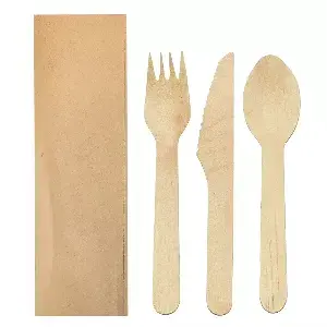 Set 3/1 forchetta, coltello, cucchiaio wood 'makan'  16 cm naturale legno (100 unità)