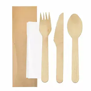 Set 4/1 posate + tovagliolo wood 'makan'  16 cm naturale legno (100 unità)