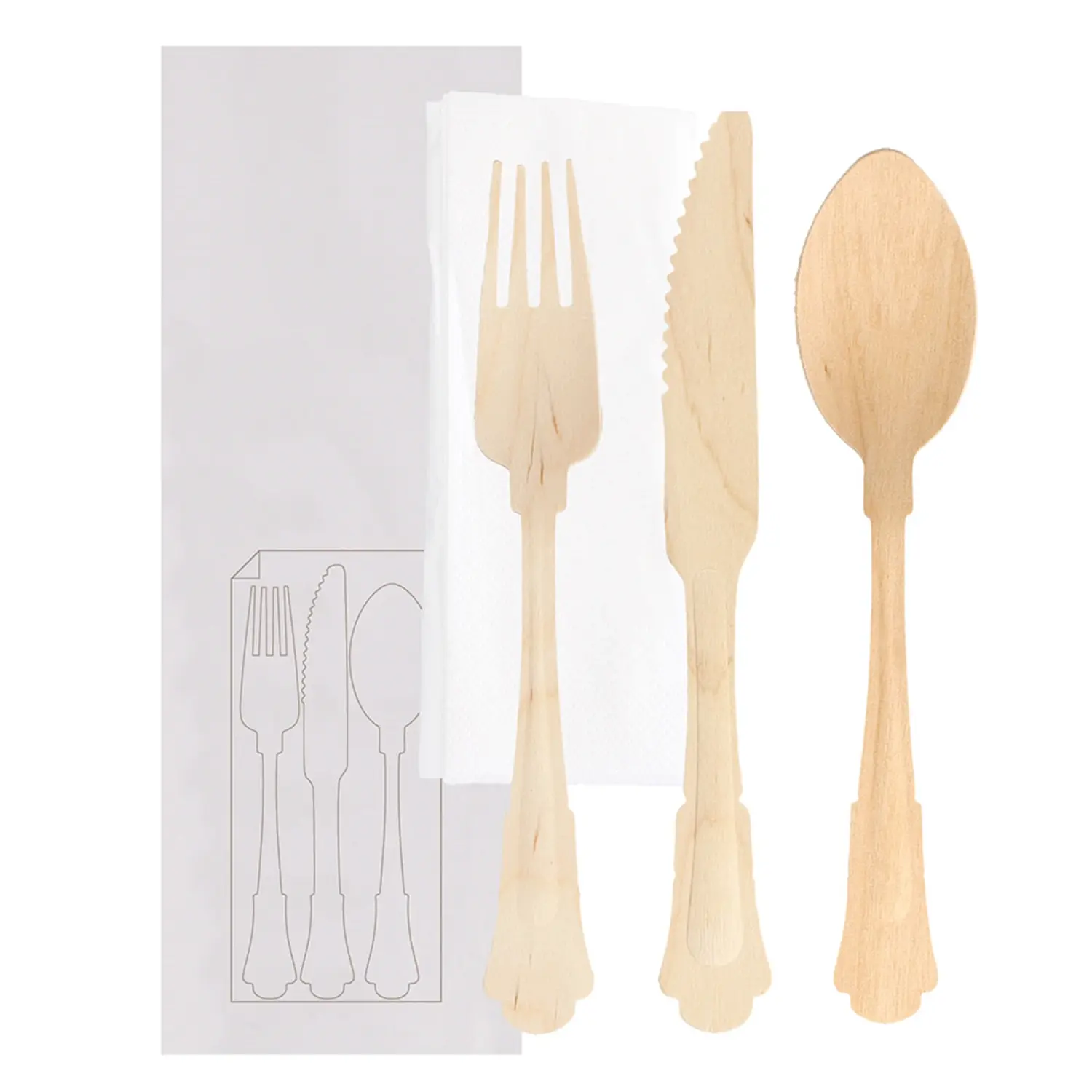 Set 4/1 posate + tovagliolo wood 'classic'  20 cm naturale legno (100 unità)
