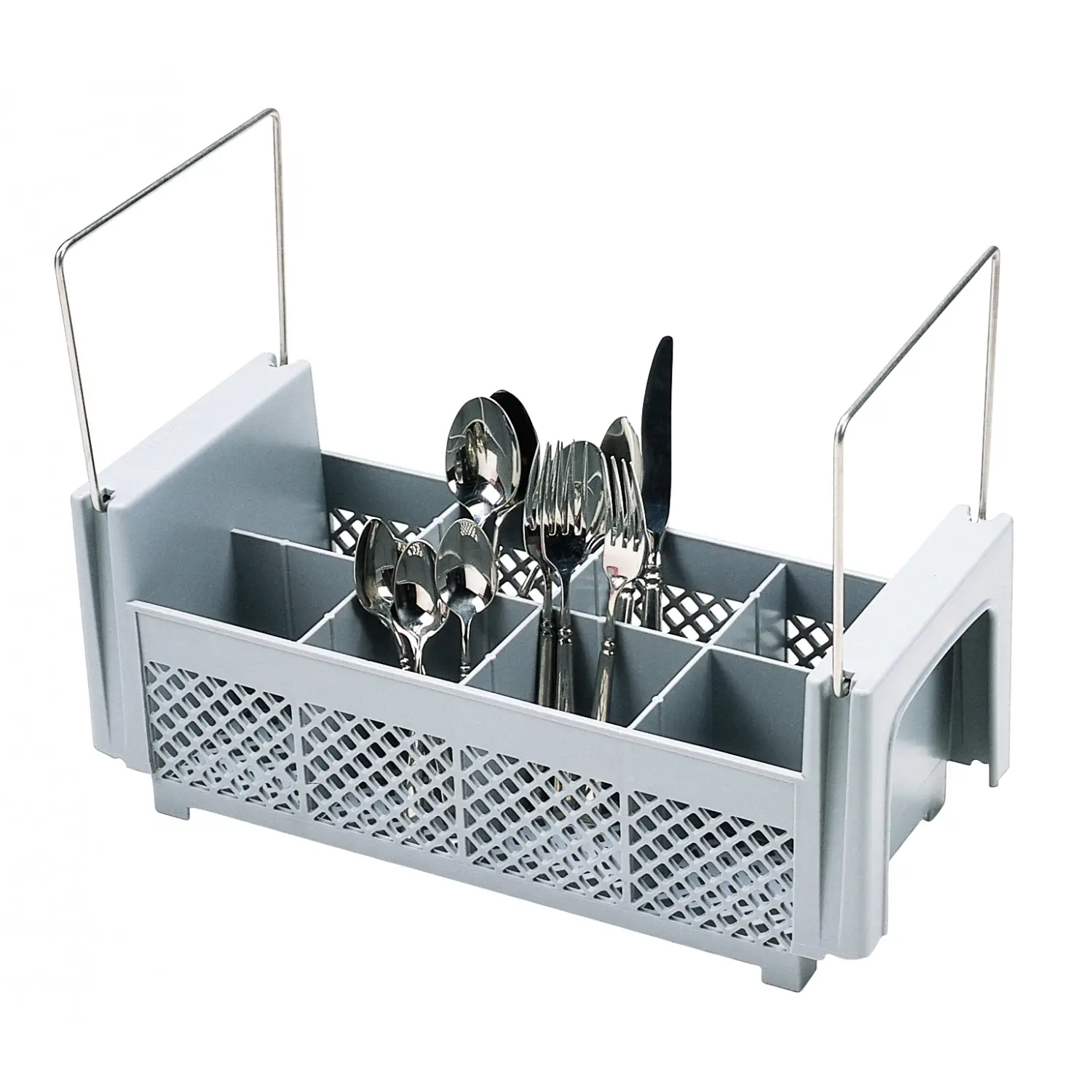 CANASTILLA para lavado de cubiertos con 8 compartimentos y asas metálicas inox 45,7 x 19,7 x 18,4 cm Gris claro