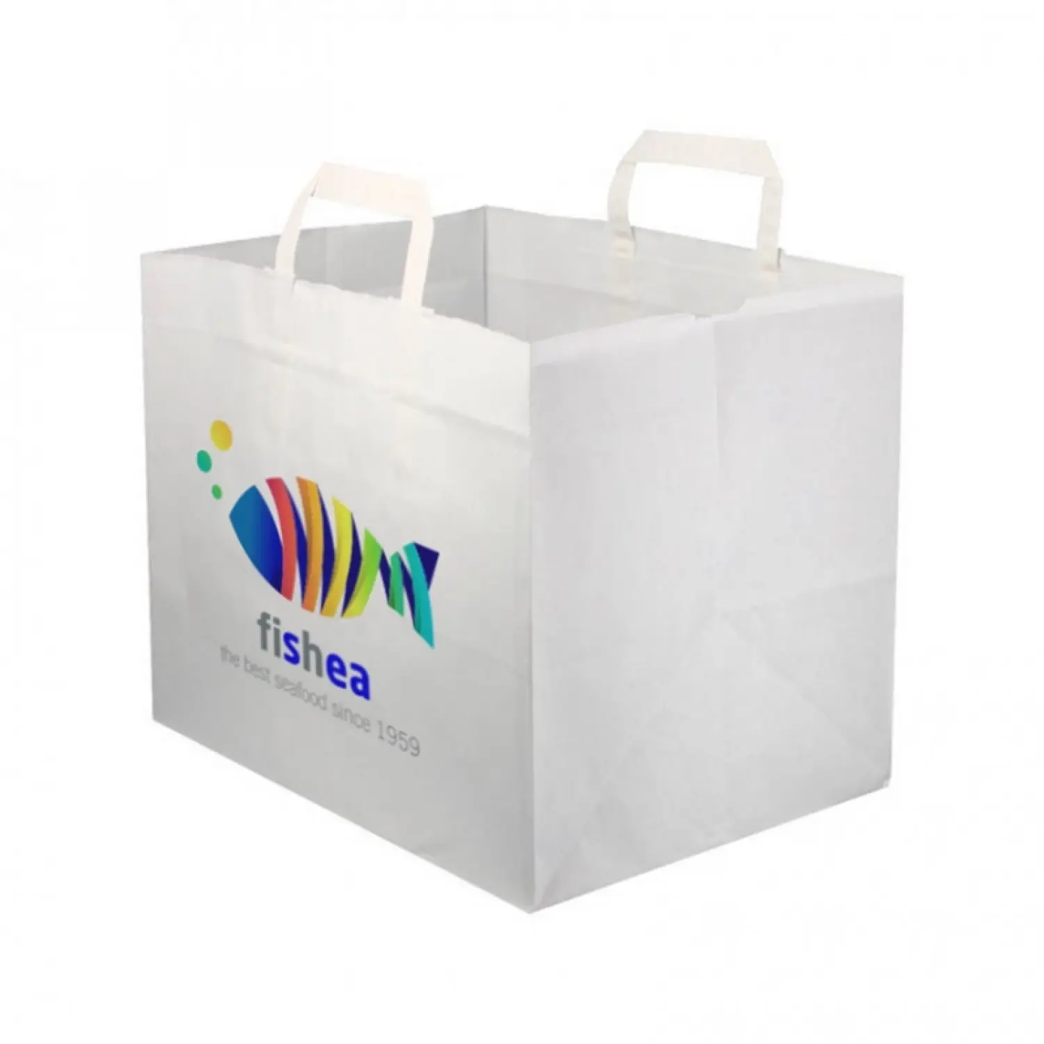 Saco de papel branco com fundo largo e alça plana (32+21x25cm) Impresso em a cores