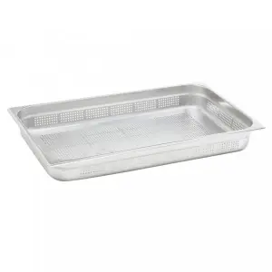 Recipiente perforado GN 1/1 de acero inoxidable. Tamaño 32,5 x 53 cm Profundidad 10 cm Capacidad 13,9 L(Pack de 6 unidades)