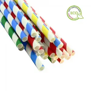 100 unidades de canudos de papel listrados em cores ecológicas (20cm 0.6Ø) | Ref: PAJ006